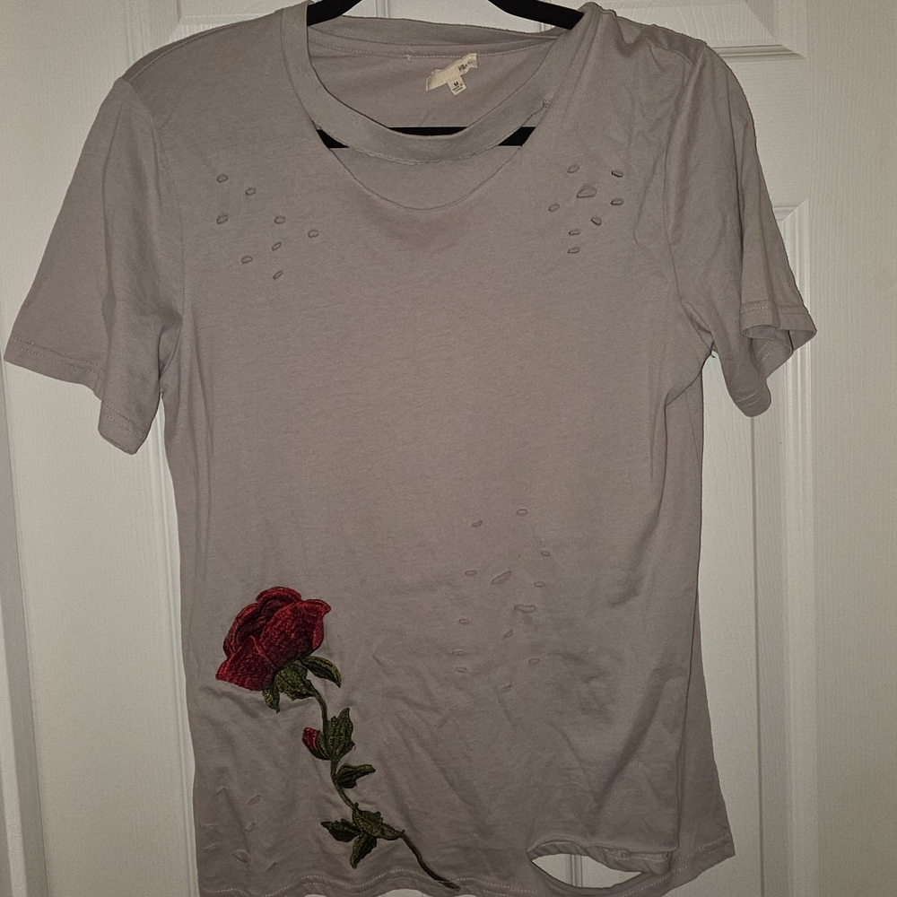 Ella Gray Tee with Red Floral Design